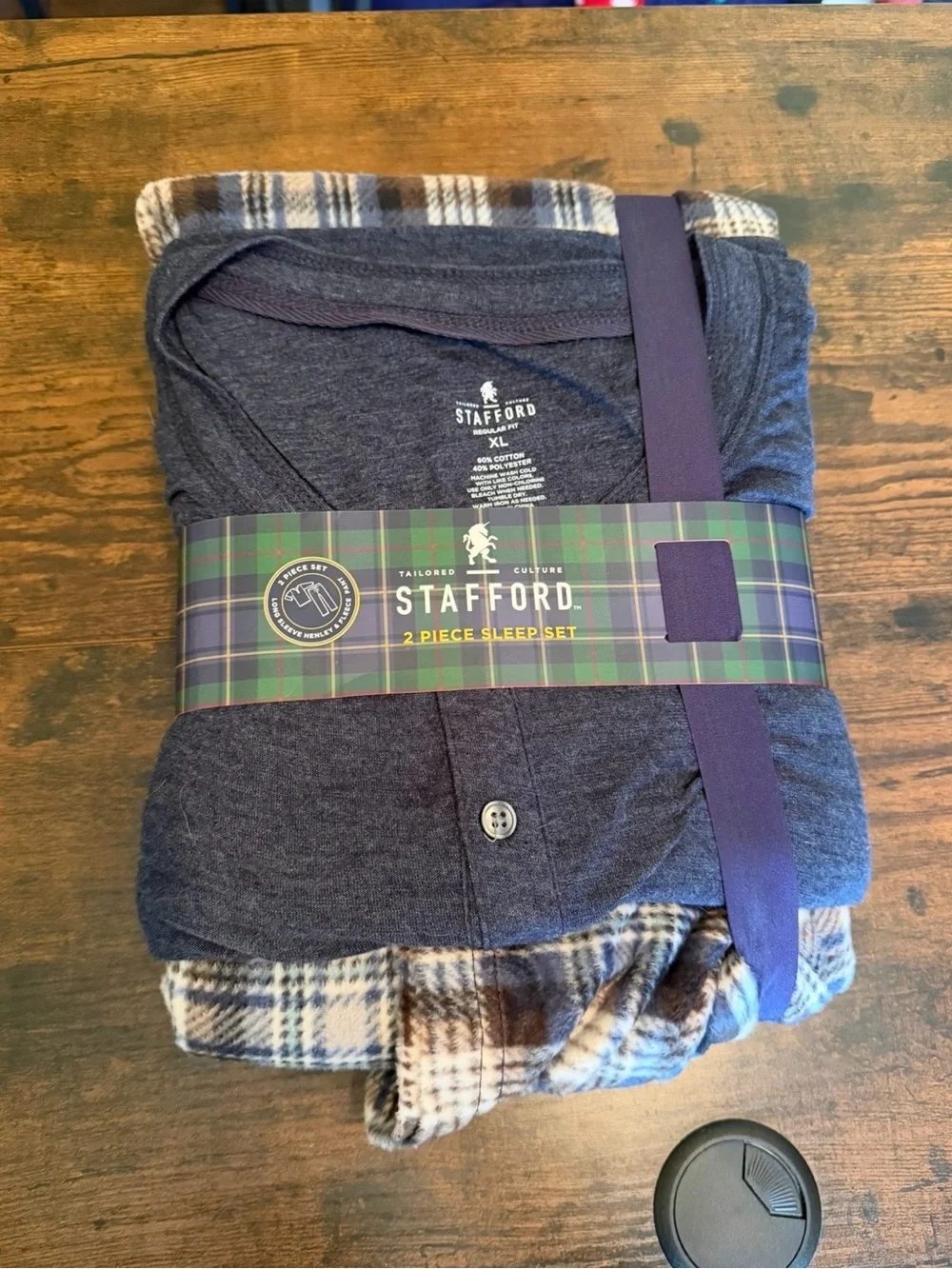 NWT Stafford Men's XL 2-Piece Sleep Set Plaid Fleece Pants Henley Top Blue Brown